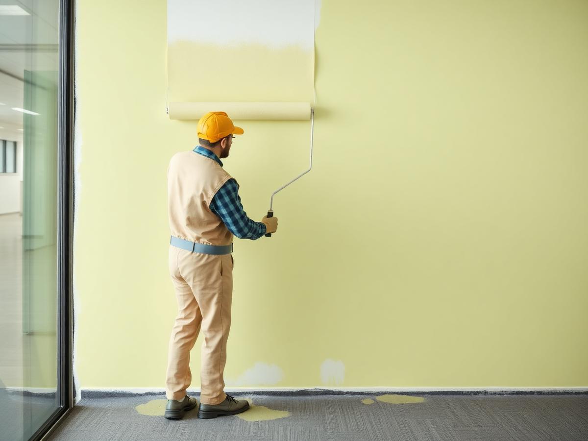 Commercial painter rolling paint on an office wall